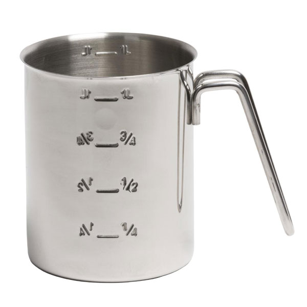 Graduated stainless steel mixing jug.